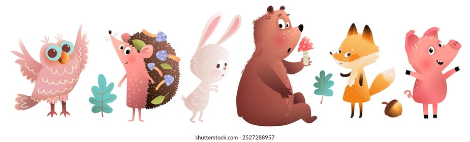 Colección de animales forestales, diseño de personajes para niños, lindo oso erizo divertido y zorro peculiar, búho de cerdo y colección de conejo. Diseño de animales de Vector para niños, arte de Clip aislado de dibujos animados.