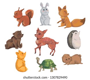 Collection of forest animals. Decorative elements in watercolor style for greeting card, invitation, baby shower party. Cartoon characters. Vector illustration.