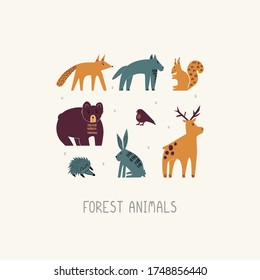 Collection of forest animals in flat style. Vector cartoon illustration