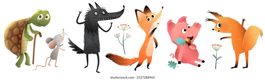 Colección de animales del bosque, diseño de personajes de emociones divertidas para niños. Ardilla linda cerdo divertido, y estrafalario zorro, lobo, y ratón colección. Diseño de animales de Vector para niños, dibujos animados aislados.