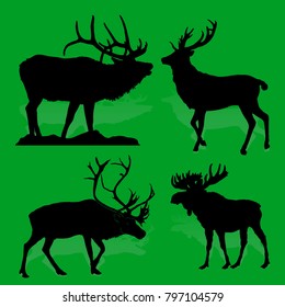 Collection Forest animals (mammals) Deer and moose, on a green background, vector