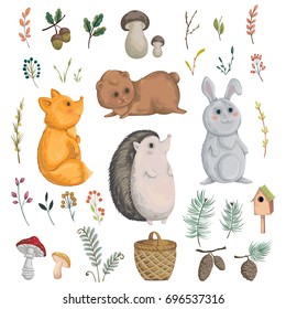 Collection Of Forest Animals, Mushroom, Plant, Berry, Cones. Decorative Elements In Watercolor Style For Greeting Card, Invitation, Baby Shower Party. Cartoon Characters. Vector Illustration.