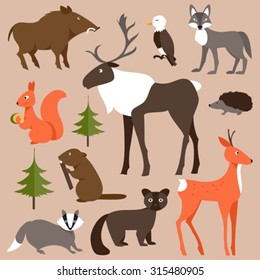 Colección de animales forestales sobre un fondo marrón