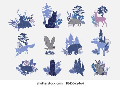 Collection of forest animals and plants. Nordic Scandinavian style. Editable vector illustration.