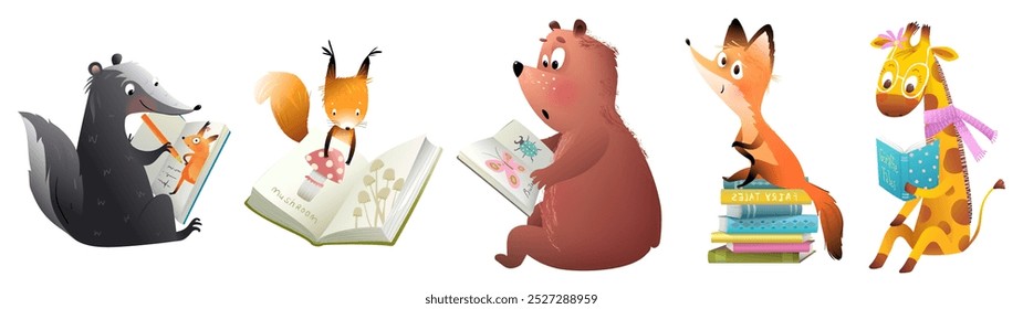 Collection of forest animals reading books and studying. Character design for children. Kids education and learning animals character design. Isolated vector set for school and kindergarten.