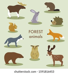 Collection of forest animals. Set of cute cartoon isolated characters and icons. Wolf, fox, moose, bear. Vector illustration in flat style.