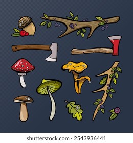 Collection of forest and camping-themed items on dark background