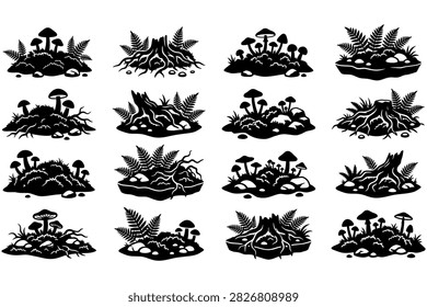 Collection of forest floor elements including mushrooms ferns and roots for nature themed designs. Useful for game assets or environmental graphics.