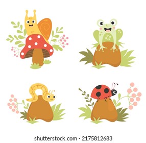 Collection of forest insects. Cute snail on fly agaric mushroom, happy frog on stone, worm and ladybug among grass and berries. Vector illustration. Characters for cards, covers, design, decoration