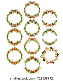 Collection forest laurels and wreaths.  Floral wreath with copy space for text. invitation card design element. Swirls, frames, arrows, leaves,  dividers, branches, banners. 
