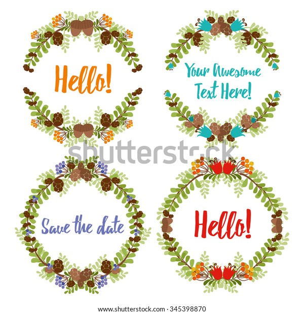 Collection forest\
laurels and wreaths.  Floral wreath with copy space for text.\
invitation card design element. Swirls, frames, arrows, leaves, \
dividers, branches, banners.\
