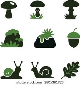 Collection of forest nature featuring mushrooms, snails, mossy rocks, acorns, and oak leaves in black and green colors