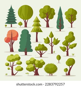 Collection of forest plants. Botanical collection of trees. Flat vector illustration 