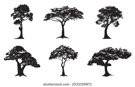 Collection of forest trees silhouettes isolated on white background