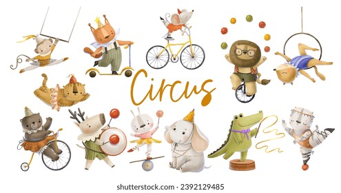 Collection with forest wild animals in circus. Circus performers. Theater performance childish coot illustration isolated background