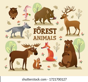 Collection of forest and wild animals with decor vector illustration. Rabbit with carrot and squirrel with nut flat style. Trees and greenery. Wildlife and nature creatures concept