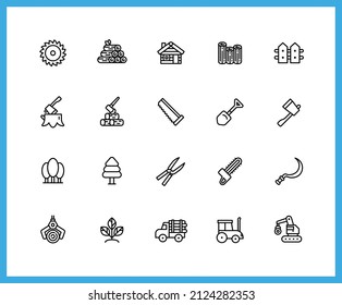 Collection of forestry industry linear icons. Set of equipment, wood symbols drawn with thin contour lines. Vector illustration.