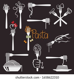 collection of fork and dish with various pasta isolated on black background