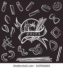 collection of fork and dish with various pasta isolated on black background