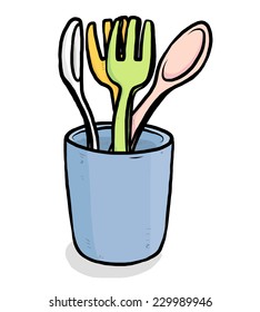 collection of fork and spoon in blue cup / cartoon vector and illustration, hand drawn style, isolated on white background.