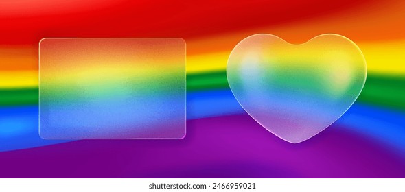 Collection forms in style glassmorphism.  Pride day . Colorful texture background . Templates for your design. Нeart. Card