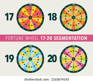 Collection of fortune wheel flat illustrations. 17, 18, 19 and 20 segmentation fortune wheel lottery object. Empty isolated colorful wheels of fortune.