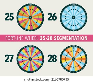 Collection of fortune wheel flat illustrations. 25, 26, 27 and 28 segmentation fortune wheel lottery object. Empty isolated colorful wheels of fortune.