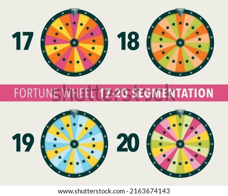 Collection of fortune wheel flat illustrations. 17, 18, 19 and 20 segmentation fortune wheel lottery object. Empty isolated colorful wheels of fortune.