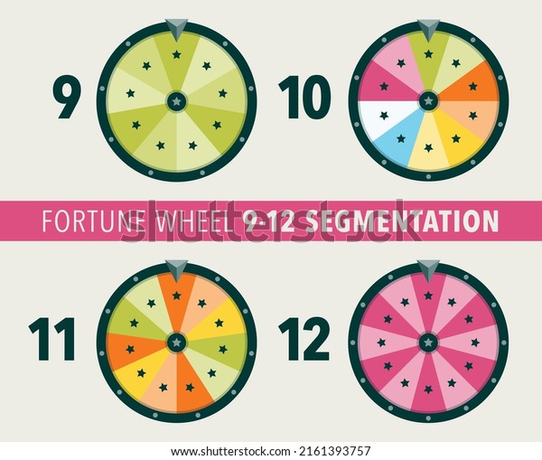 Collection of fortune wheel flat illustrations.\
9, 10, 11 and 12 segmentation fortune wheel lottery object. Empty\
isolated colorful wheels of\
fortune.
