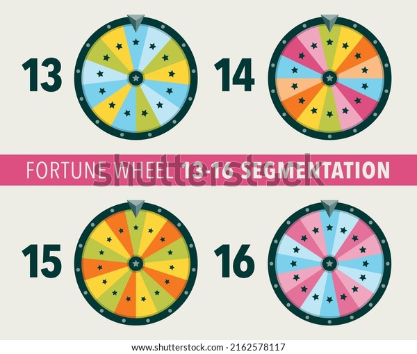 Collection of fortune wheel flat illustrations.\
13, 14, 15 and 16 segmentation fortune wheel lottery object. Empty\
isolated colorful wheels of\
fortune.