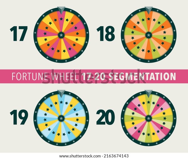 Collection of fortune wheel flat illustrations.\
17, 18, 19 and 20 segmentation fortune wheel lottery object. Empty\
isolated colorful wheels of\
fortune.
