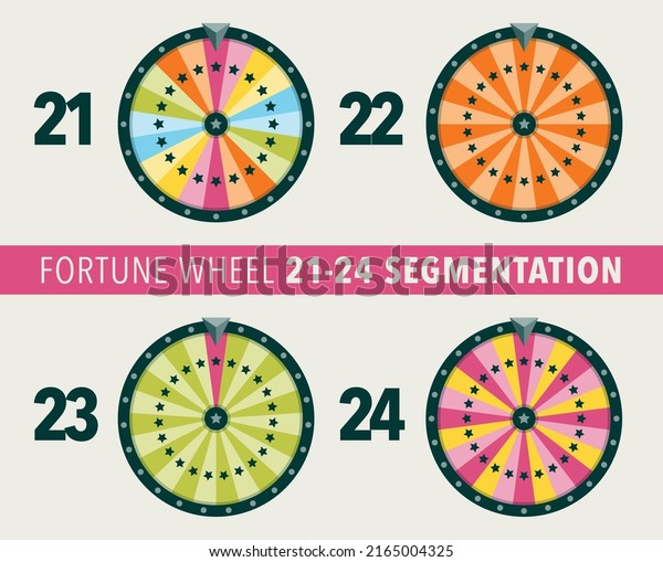Collection of fortune wheel flat illustrations.\
21, 22, 23 and 24 segmentation fortune wheel lottery object. Empty\
isolated colorful wheels of\
fortune.