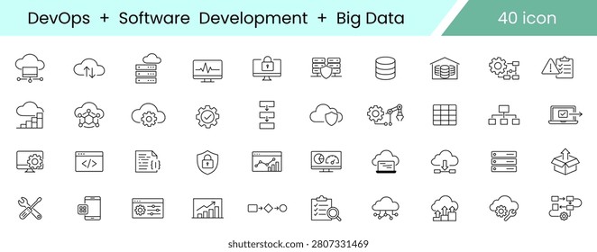 Collection of forty devops software development and big data icons with transparent background