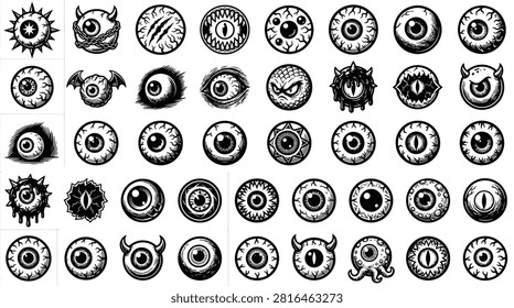 Collection of forty distinct black and white monster eyeball icons and illustrations. Various creepy designs featuring demonic, reptilian, and gothic eyes with spikes, wings, and chains.