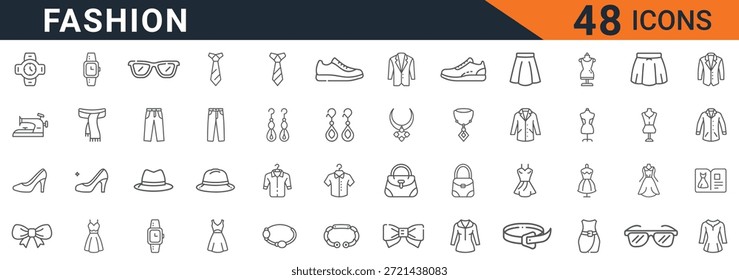 Collection of forty eight simple linear fashion icons representing various clothing items and accessories in a neat grid Page