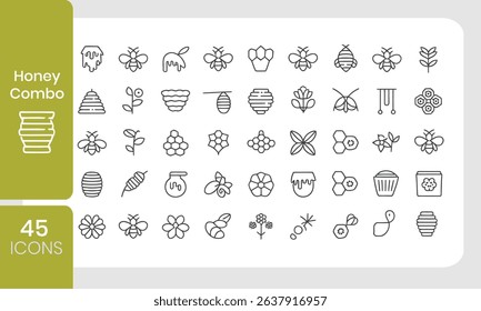 Collection of forty five honey bee related icons in modern linear style with detailed designs