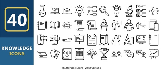 Collection of forty knowledge icons representing education, learning, and information. Includes symbols for science, technology, reading, teaching, and achievement, all in a simple line art style.