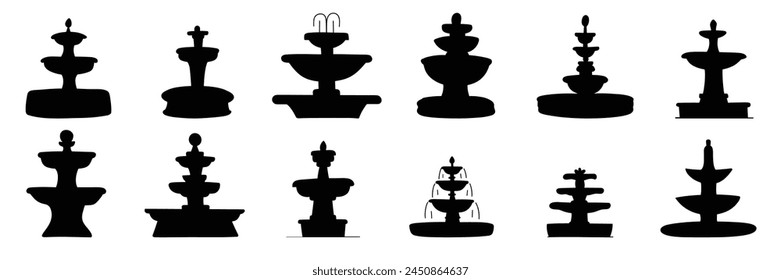 Collection of fountain silhouette isolated on transparent background. Hand drawn vector art. 