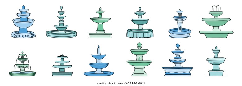 Collection of fountains in doodle style colored outline Hand drawn vector art