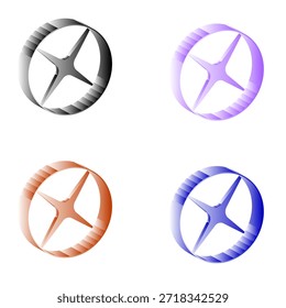 Una colección de cuatro íconos circulares 3D con una cruz interna o forma de estrella. Representado en negro, púrpura, naranja y azul con un sutil efecto de degradado. Ideal para branding, íconos de App o Elementos de diseño de interfaz de usuario.