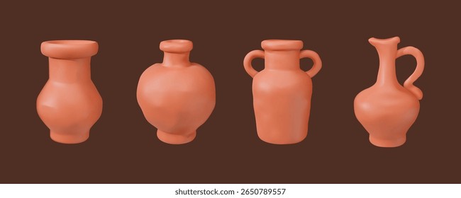 Collection of four 3D clay vessels including jugs, pots, and vases in terracotta style on brown background.