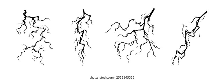 Una colección de cuatro diseños abstractos de relámpagos en blanco y negro, que muestran diferentes Formas y ángulos. Cada perno tiene un patrón irregular irregular, enfatizando una sensación dinámica y energética.