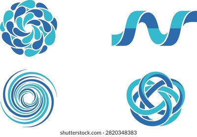 A collection of four abstract blue circular and wave-like vector logo designs featuring fluid shapes and geometric patterns.