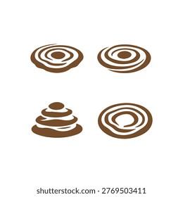 A collection of four abstract brown shapes on a white background featuring organic circular patterns and a stacked pyramid design conveying natural textures.