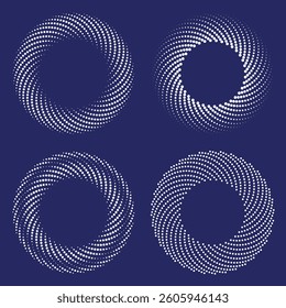 A collection of four abstract circular halftone spiral designs composed of white dots on a dark blue background.
