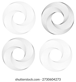 Uma coleção de quatro formas circulares abstratas com um efeito de vórtice giratório, renderizado em tons de cinza e branco.
