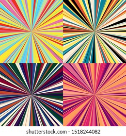 Collection of Four Abstract Color Burst Backgrounds. Retro Colorful Radial Rays Backgrounds. Vector Illustration