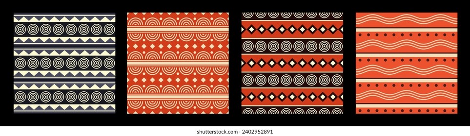Colección de cuatro patrones abstractos geométricos sin soldadura. Modalidades interioristas sin costura con puntos, círculos, líneas, rombos. Patrones africanos. Vector de color de fondo transparente.