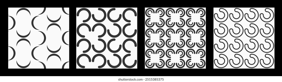 Coleção de quatro padrões contínuos de vetor geométrico abstrato. Três quartos de círculos repetindo padrões. Padrões de design planos. Planos de fundo geométricos sem costura de vetor preto e branco.