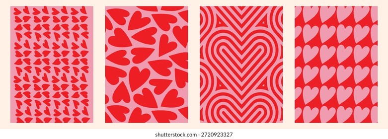 colección de cuatro patrones de corazón abstractos que celebran el amor y el romance en tonos de rojo y rosa perfecto para proyectos de diseño